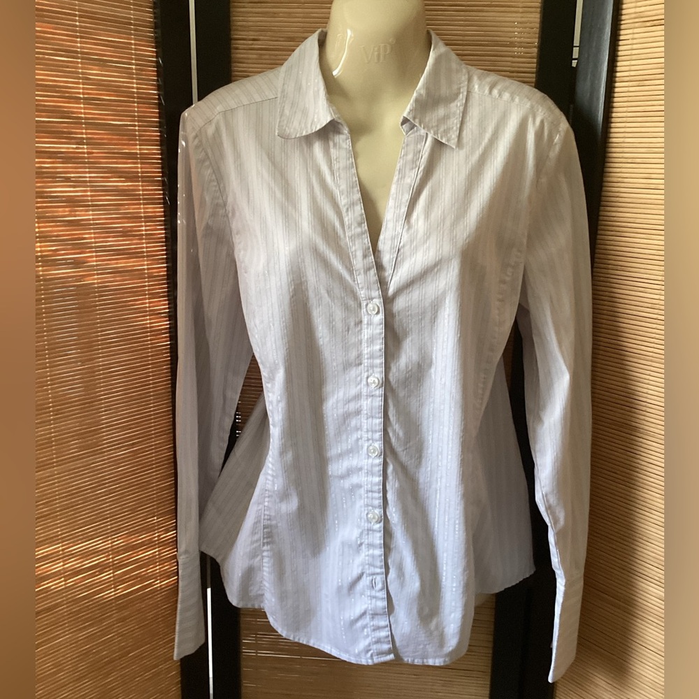 ANN TAYLOR Classic White Button-Up Shirt 14 Blouse metallic threading EUC - Picture 2 of 7